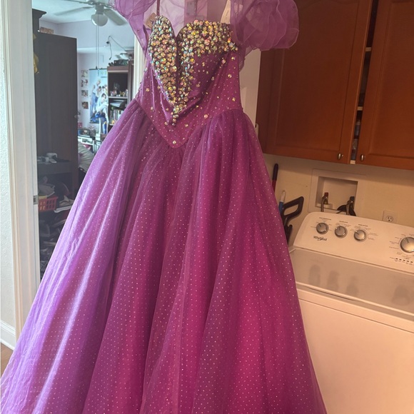 Allure Bridals Purple Sequin Tulle Ball Gown with Puffy Sleeves - Picture 3 of 17